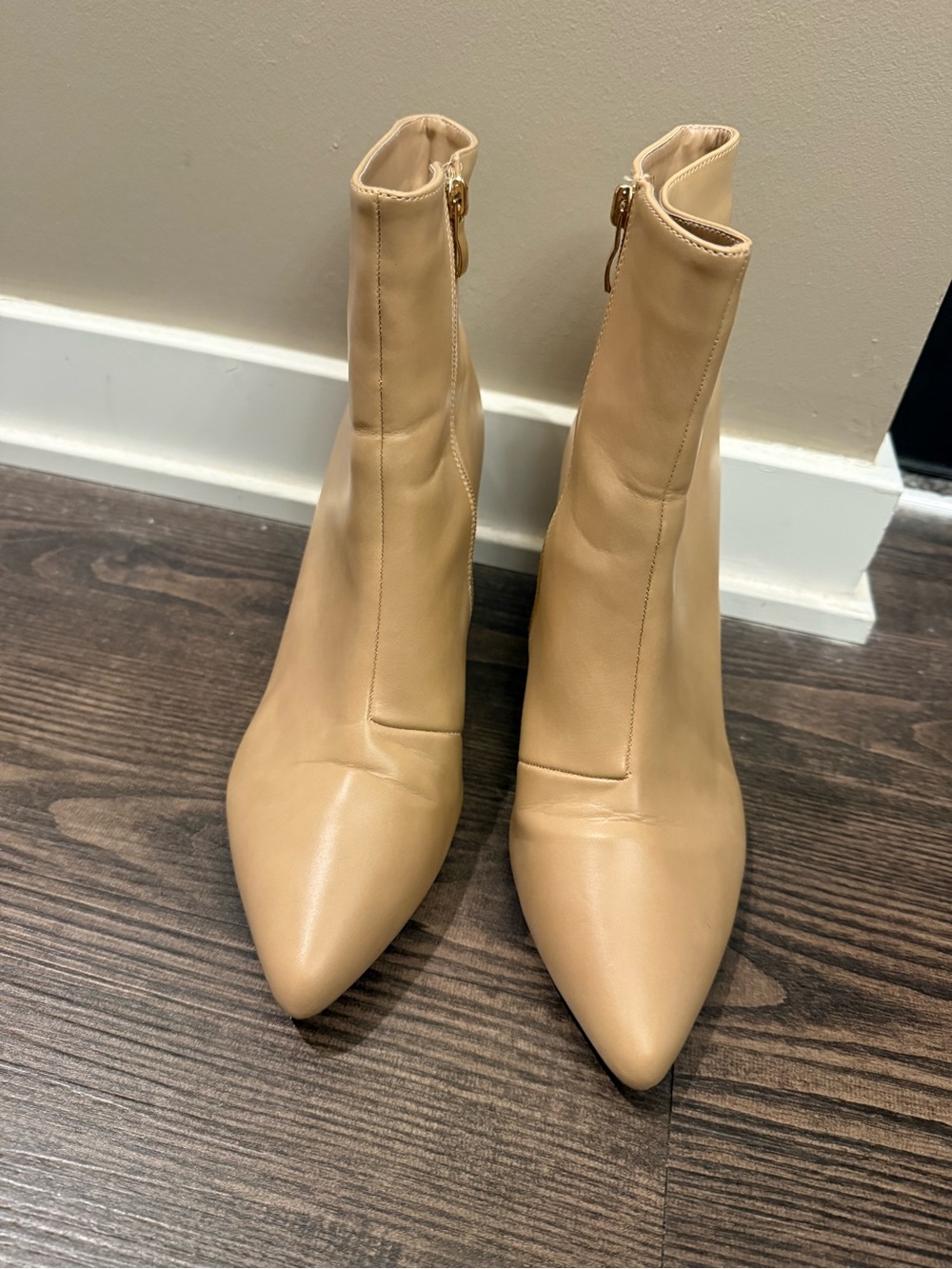 Lulu's Tan Pointed Toe Ankle Booties with Side Zip
